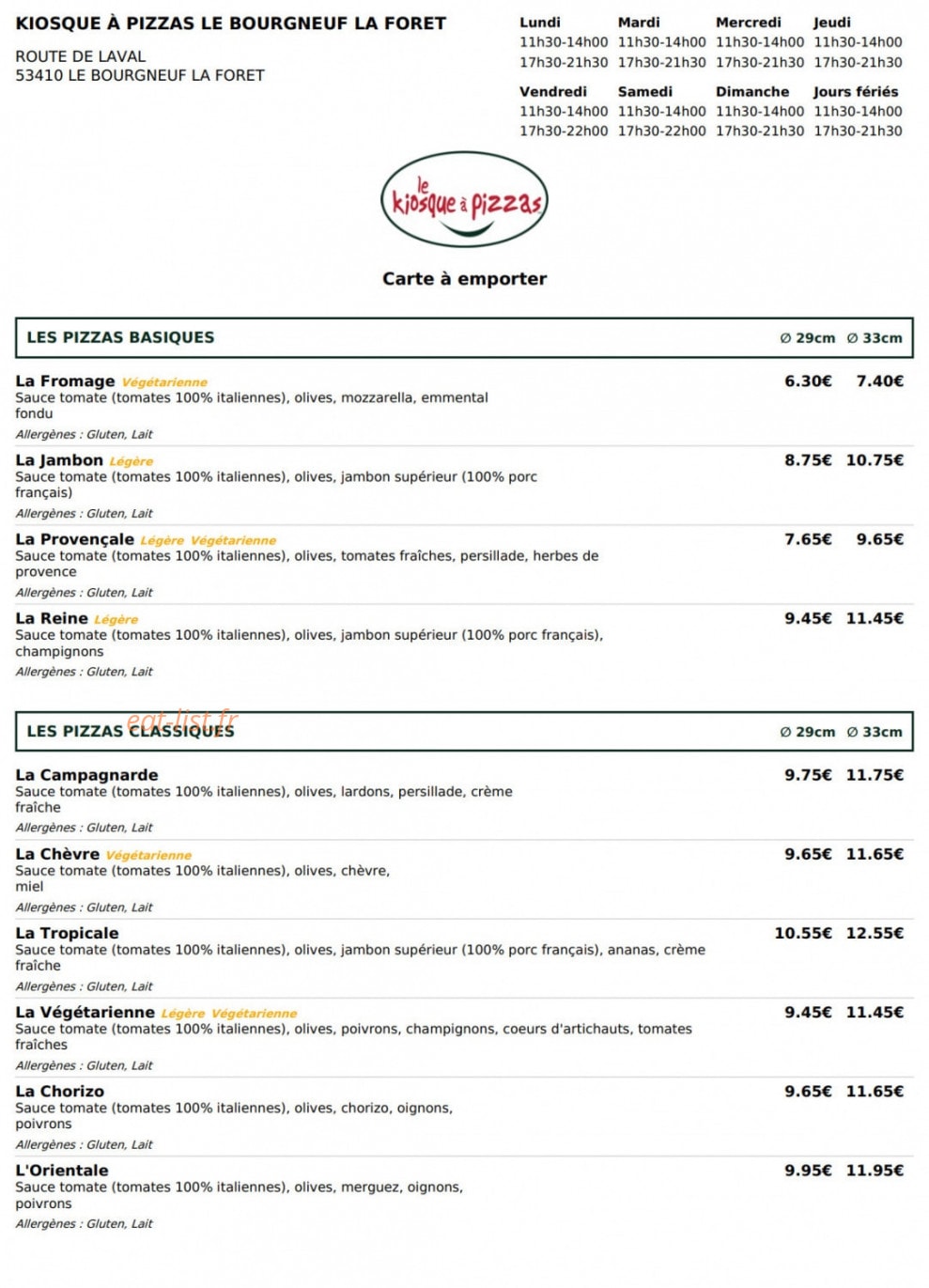 Le Kiosque à Pizzas — carte page 1