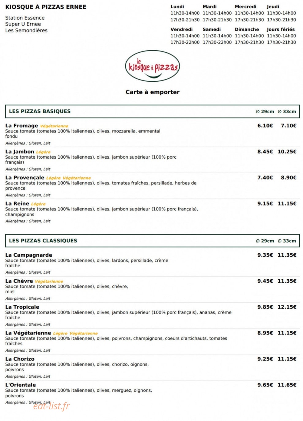 Le Kiosque à Pizzas — carte page 1