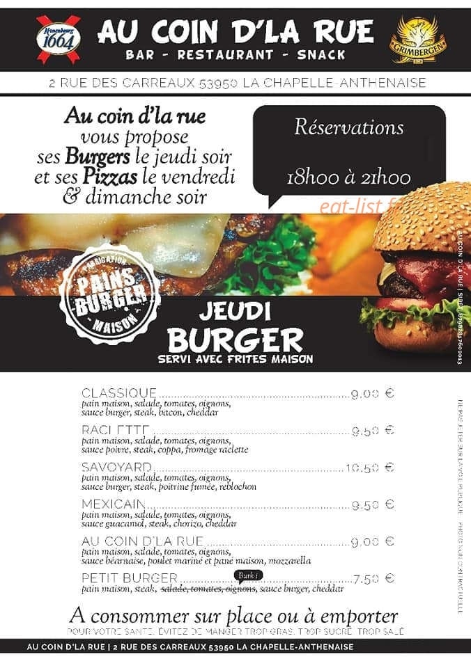 Carte et menu de Au coin d'la rue à La Chapelle Anthenaise — Les burgers