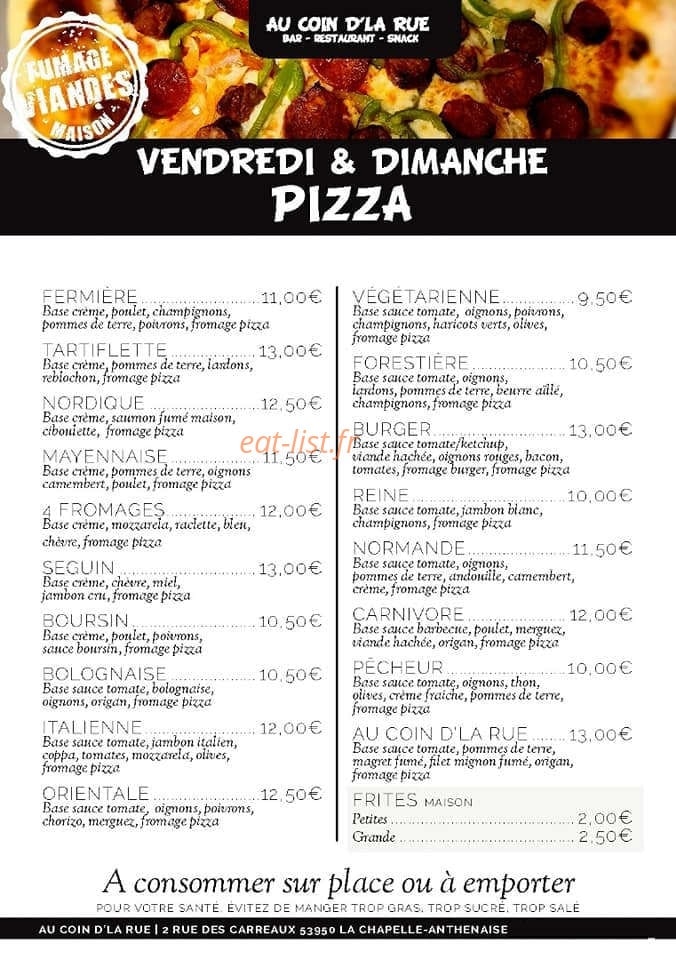 Carte et menu de Au coin d'la rue à La Chapelle Anthenaise — Les pizzas