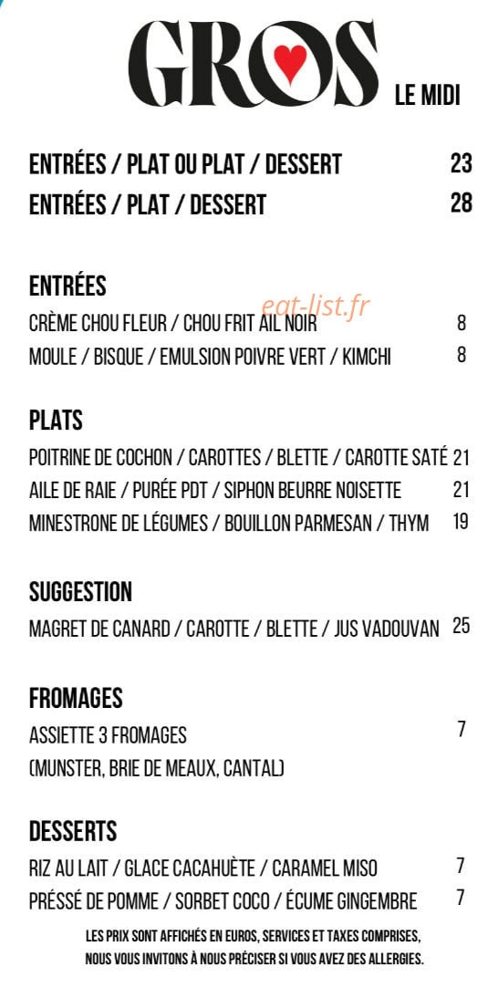 Bistrot Gros — carte page 1