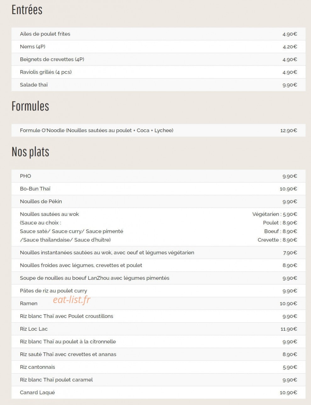 O’noodle — carte page 1