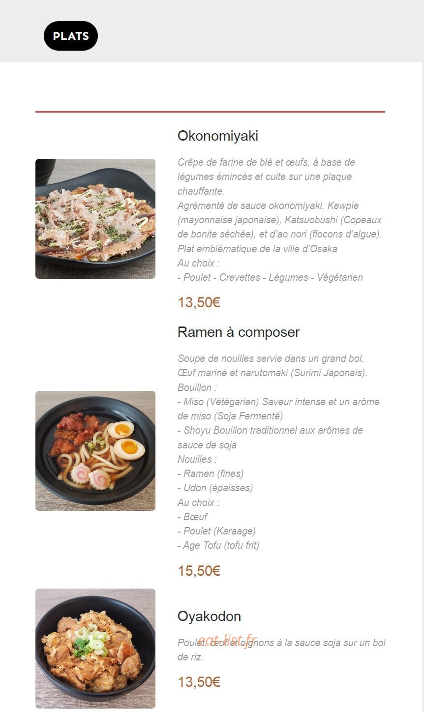 Carte et menu de Osaka Street Food à Nancy — Les plats
