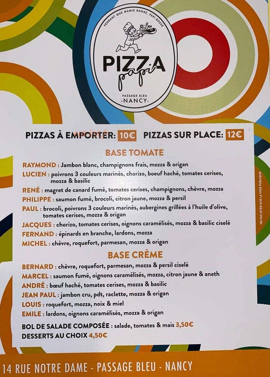 Papi Pizza — carte page 1