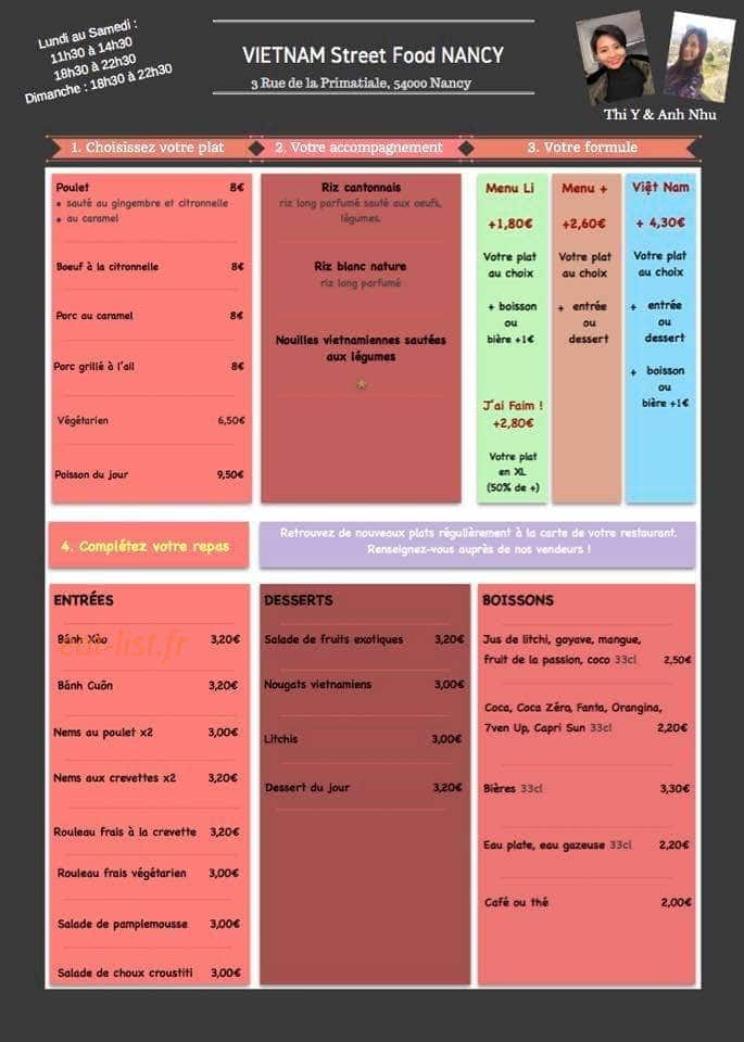Carte et menu de Vietnam Street Food à Nancy — Entrées, plats, desserts,....