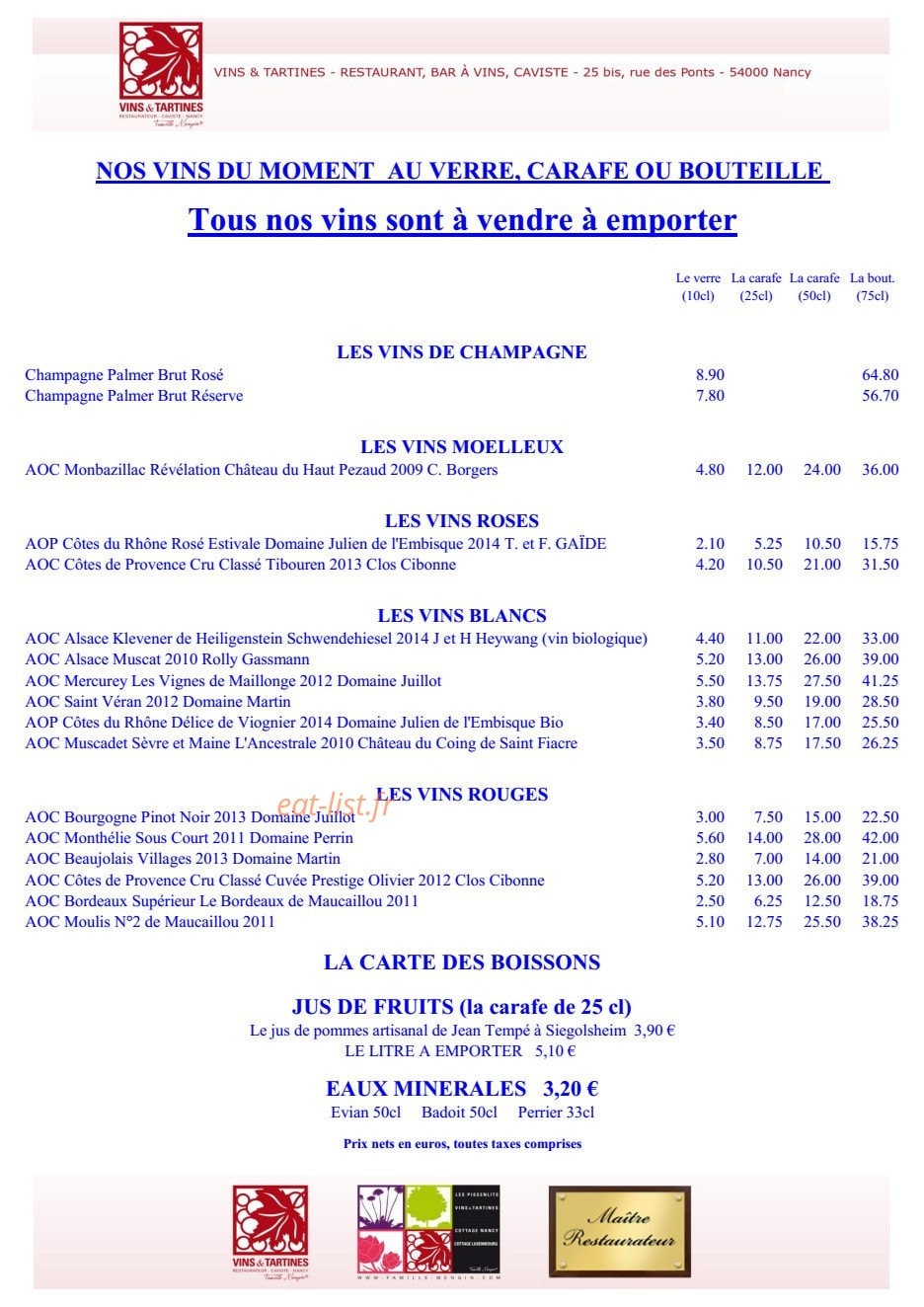 Vins et Tartines — carte page 2