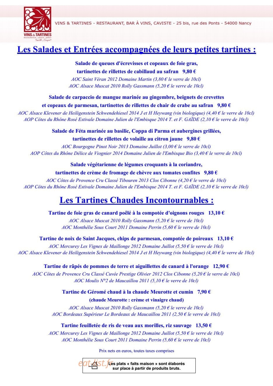 Vins et Tartines — carte page 4