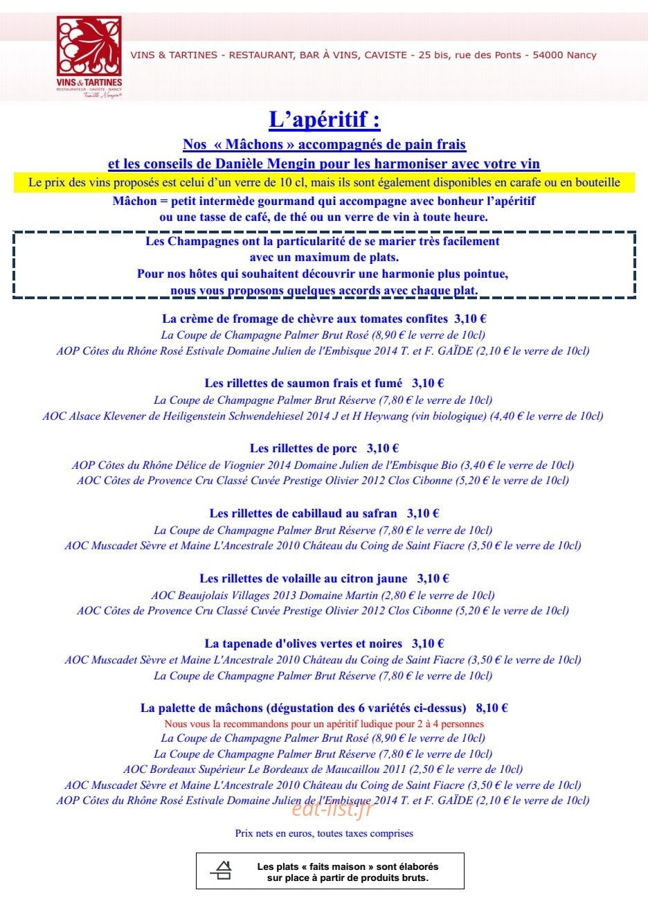 Vins et Tartines — carte page 3