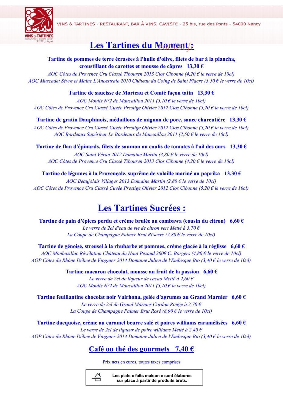 Vins et Tartines — carte page 5