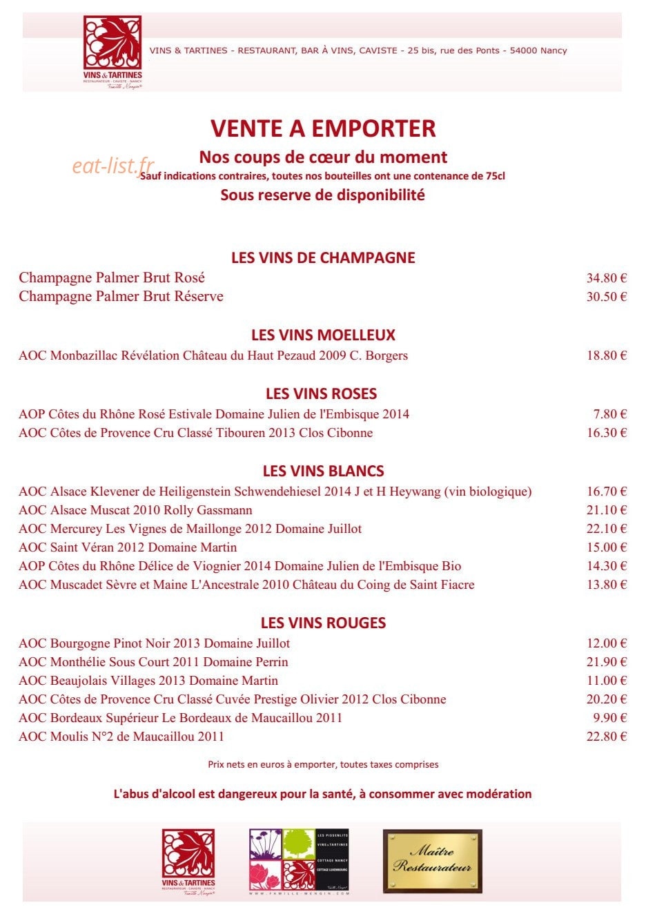 Vins et Tartines — carte page 1