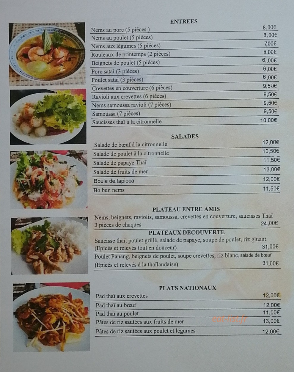 Yom Thaï Food — carte page 1