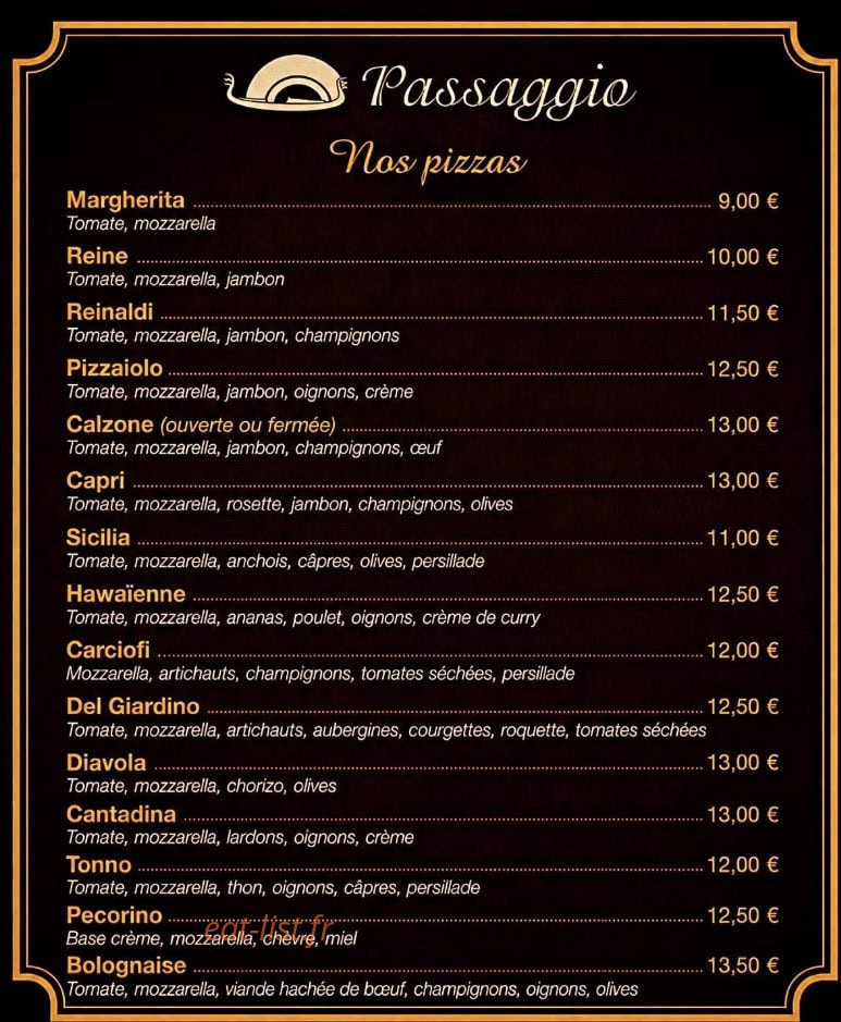Carte et menu de Le Passaggio à Baccarat — Les pizzas