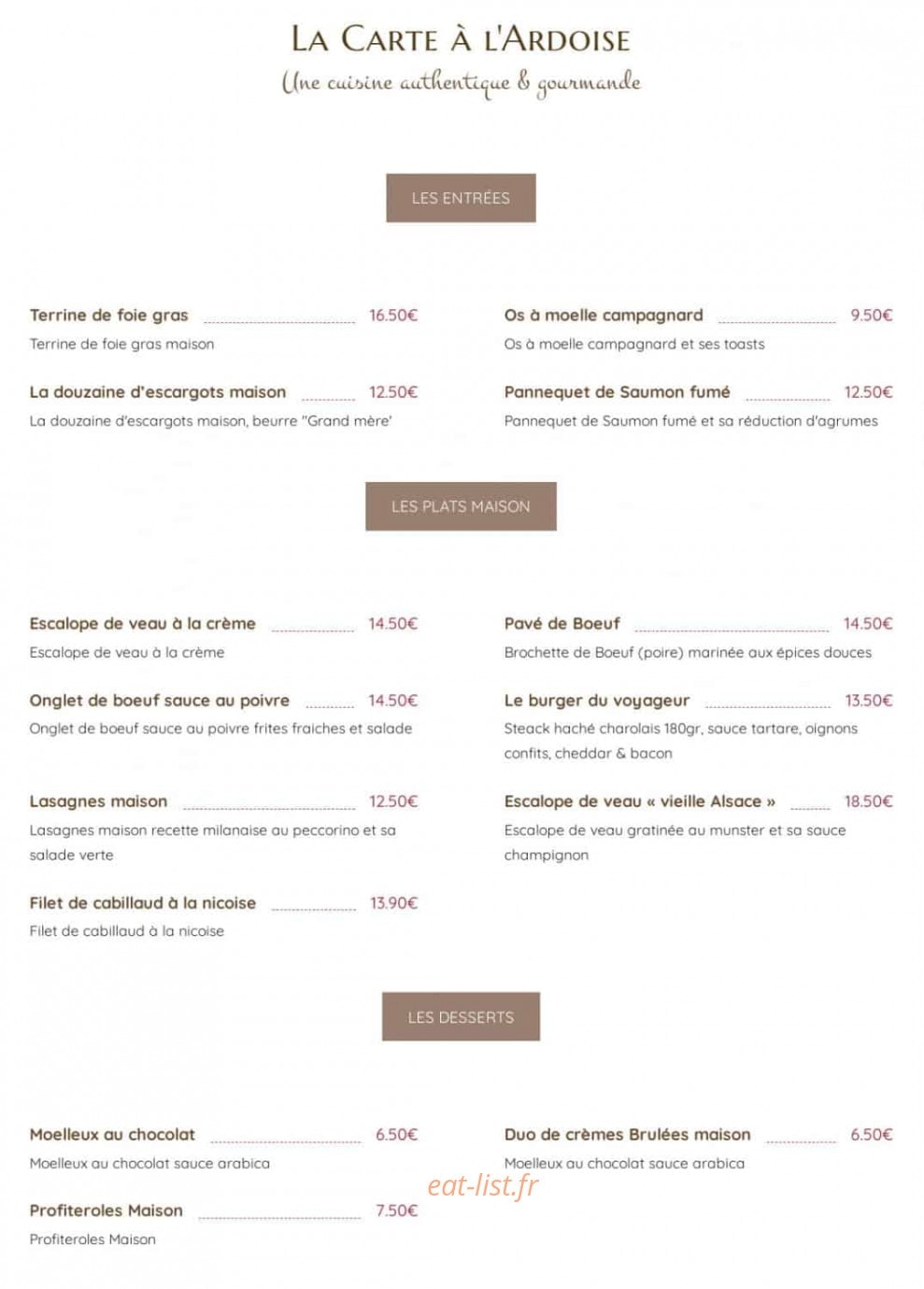 Carte et menu de L'auberge des voyageurs à Vandieres — Les plats à la carte