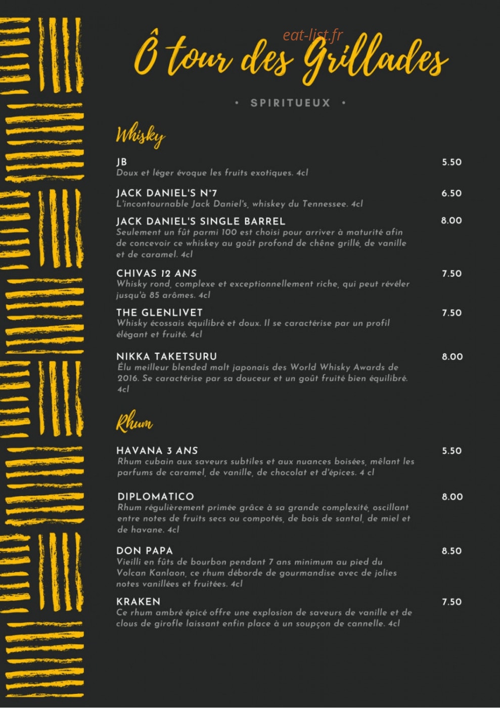 Carte et menu de Ô Tour des Grillades à Houdemont — Les spiritieux