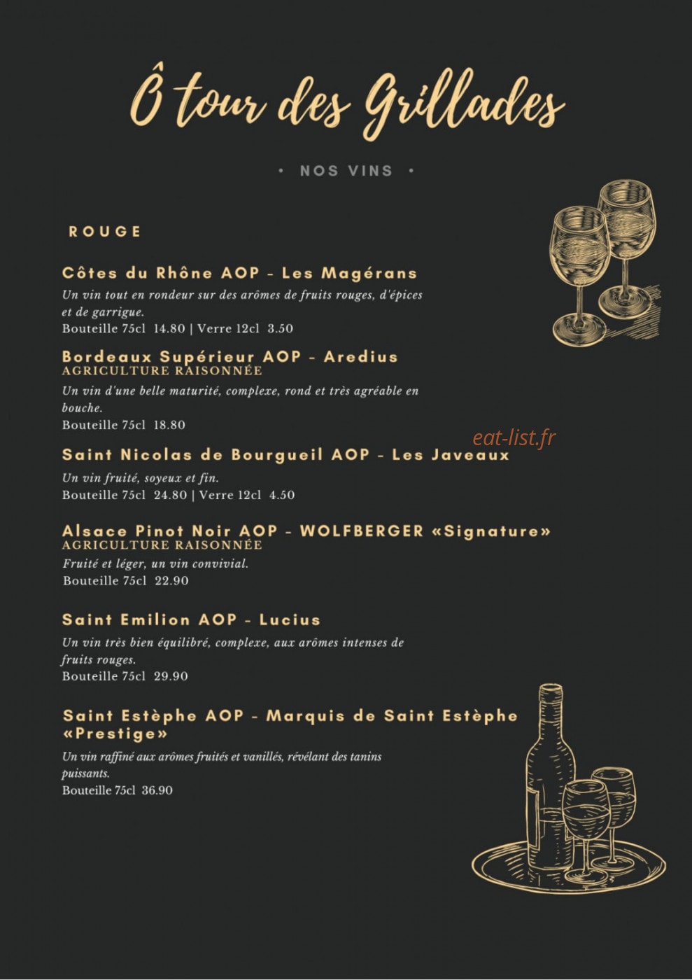 Carte et menu de Ô Tour des Grillades à Houdemont — Les vins