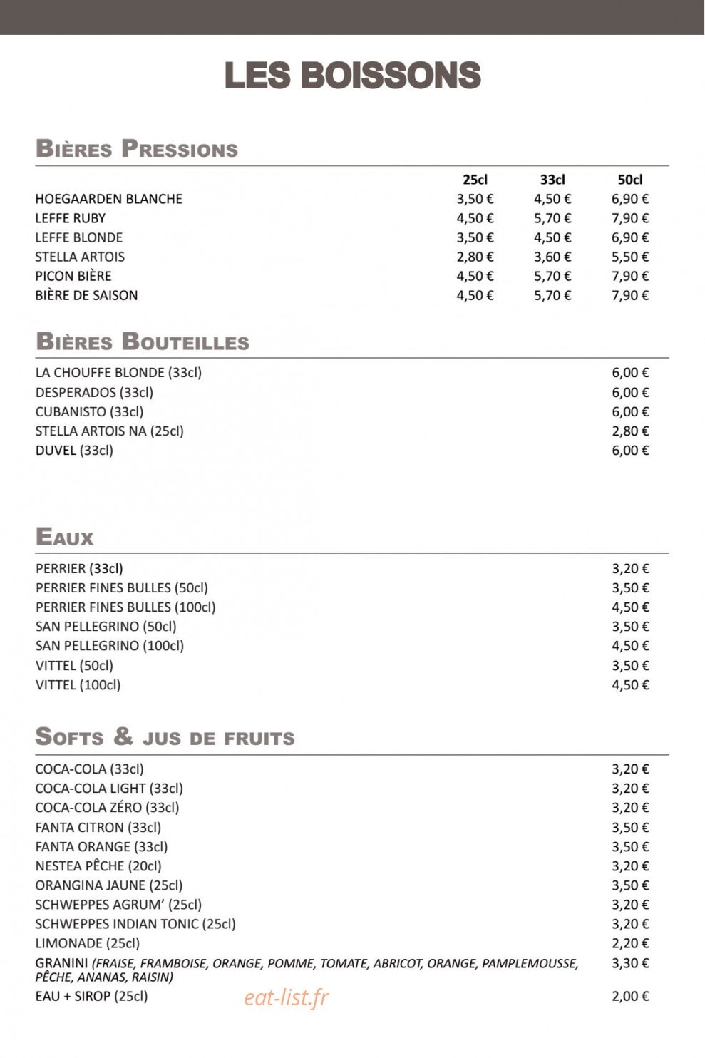 Carte et menu de Au Bercail à Dommartin les Toul — Les boissons