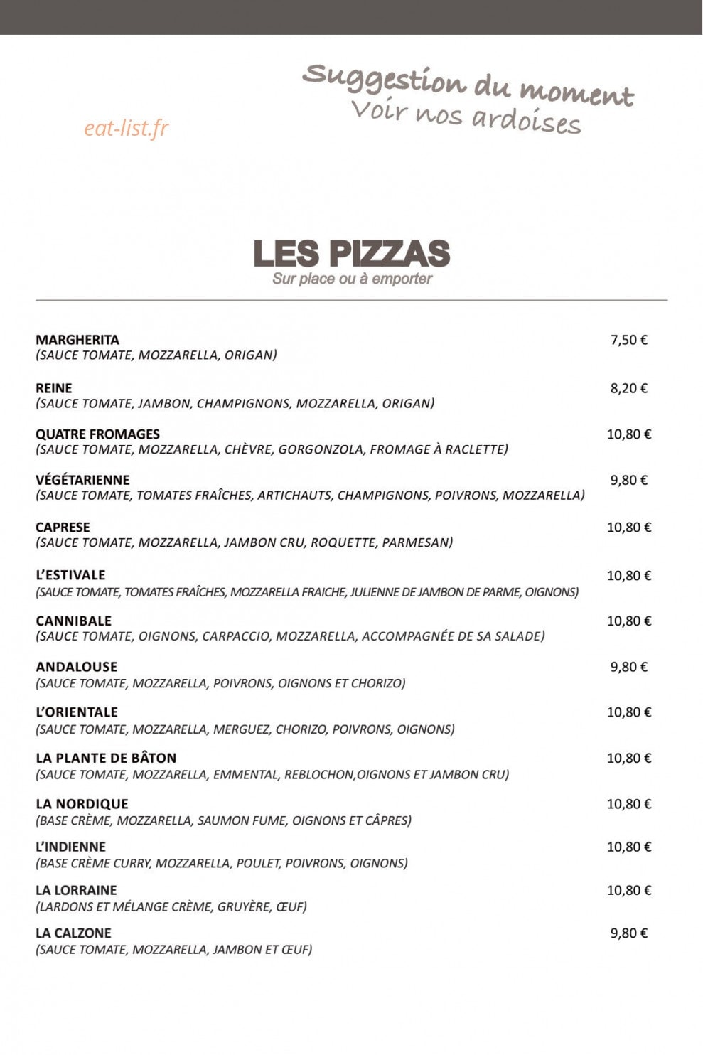 Carte et menu de Au Bercail à Dommartin les Toul — Les pizzas