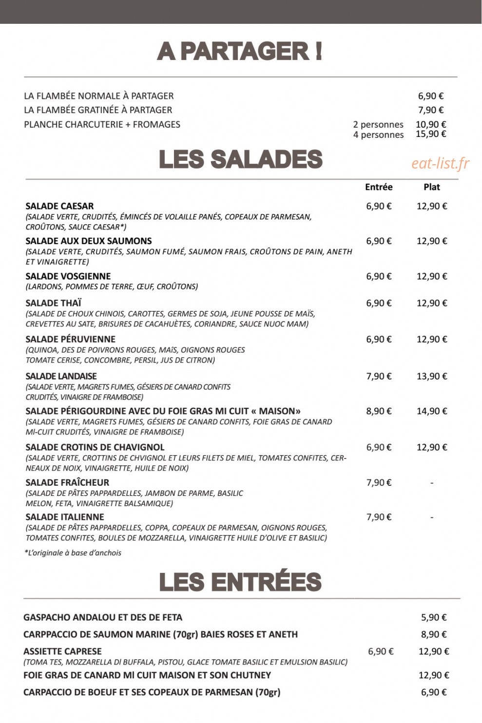 Carte et menu de Au Bercail à Dommartin les Toul — A partager, salades et entrées