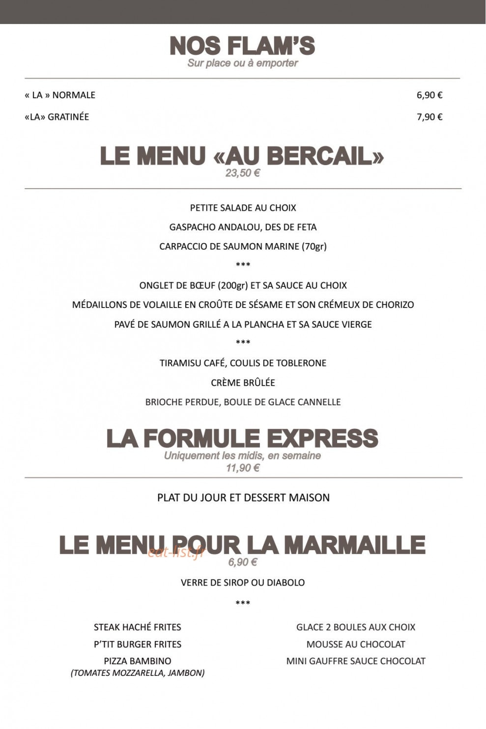 Carte et menu de Au Bercail à Dommartin les Toul — Les flam's et formules