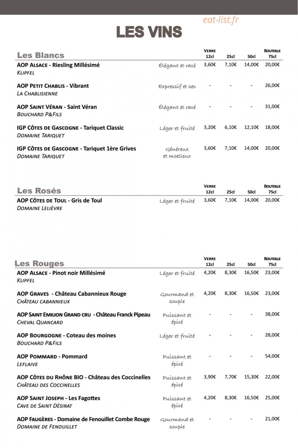 Carte et menu de Au Bercail à Dommartin les Toul — Les vins