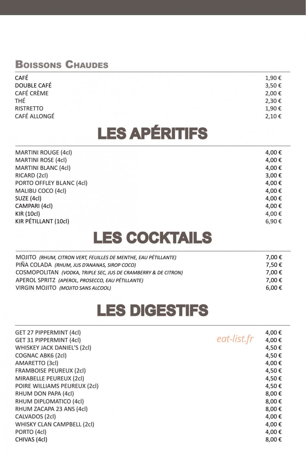 Carte et menu de Au Bercail à Dommartin les Toul — Les boissons chaudes, apéritifs, cocktails,...
