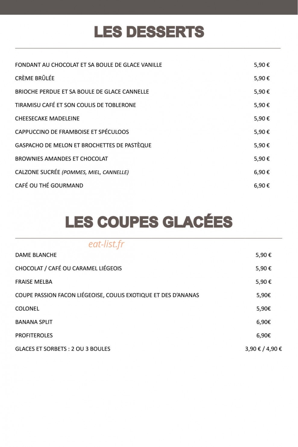 Carte et menu de Au Bercail à Dommartin les Toul — Les desserts et coupes glacées