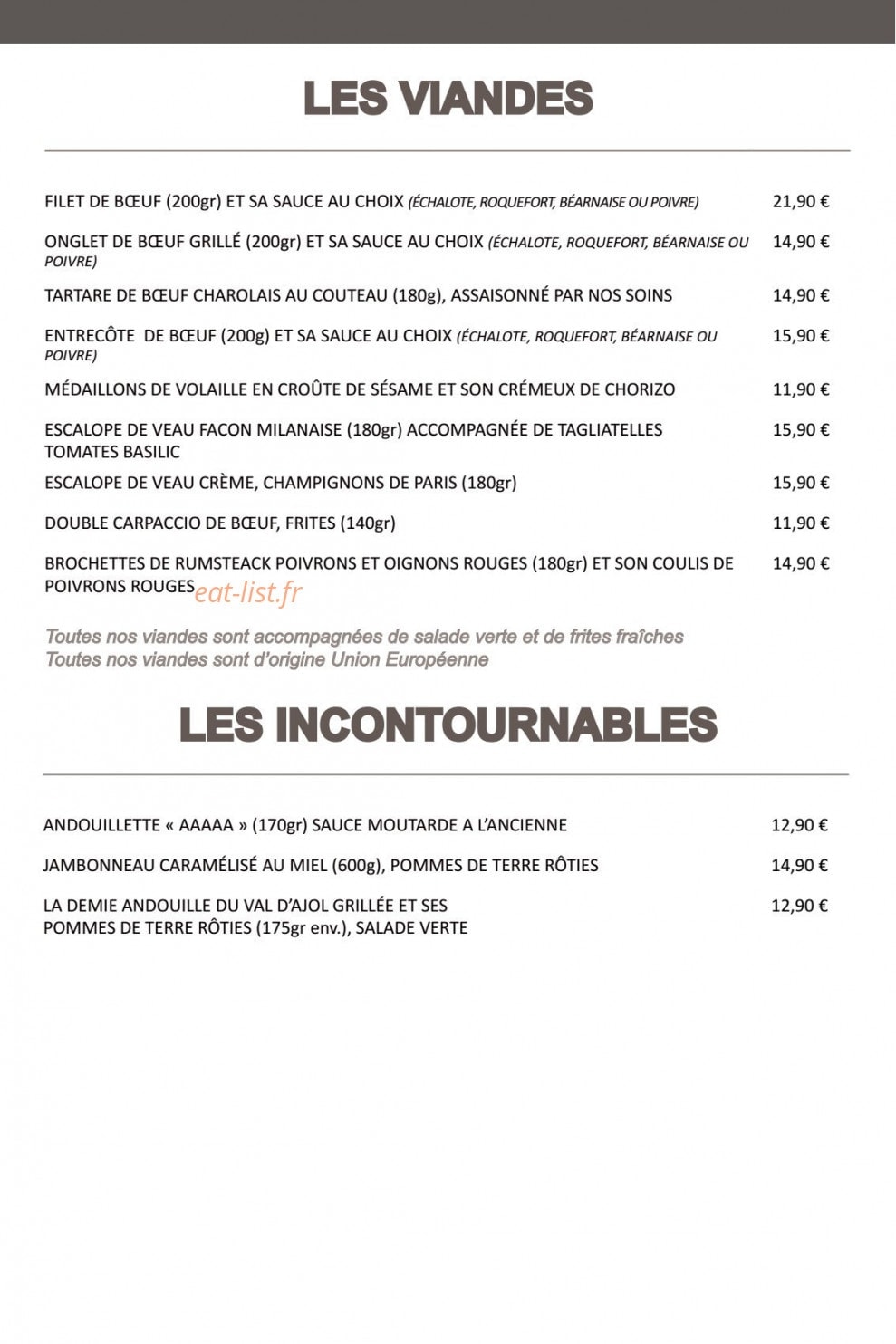 Carte et menu de Au Bercail à Dommartin les Toul — Les viandes et incontournables