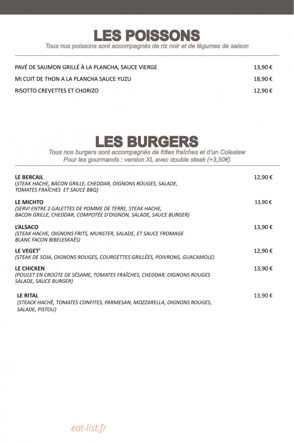 Carte et menu de Au Bercail à Dommartin les Toul — Les poissons et burgers