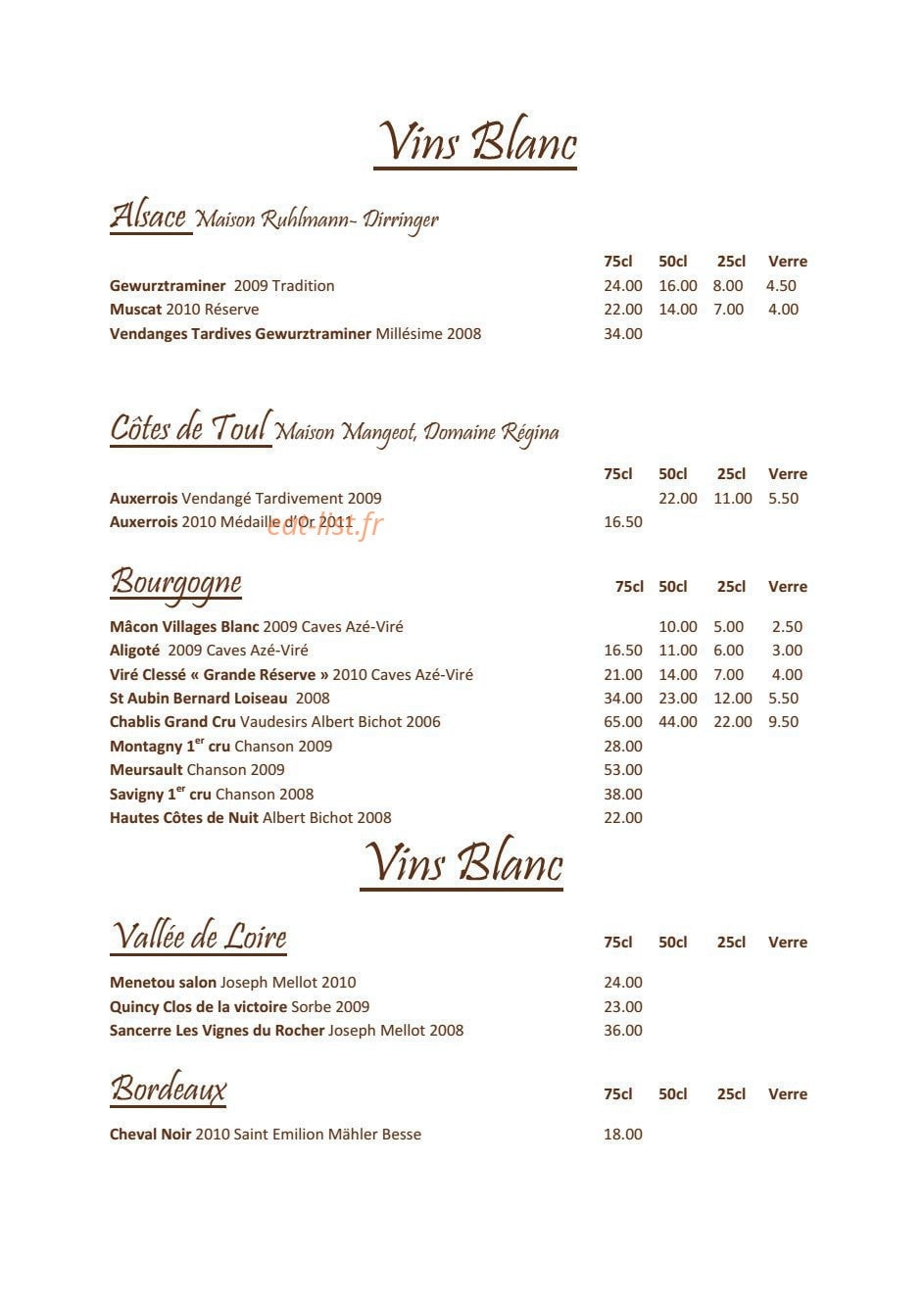Carte et menu de Grande Brasserie Du Commerce à Dommartin les Toul — Les vins blancs