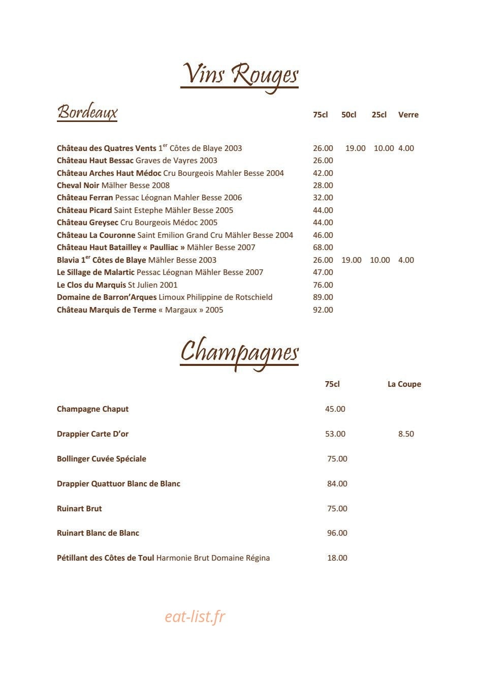 Carte et menu de Grande Brasserie Du Commerce à Dommartin les Toul — Les autres vins rouges et champagnes