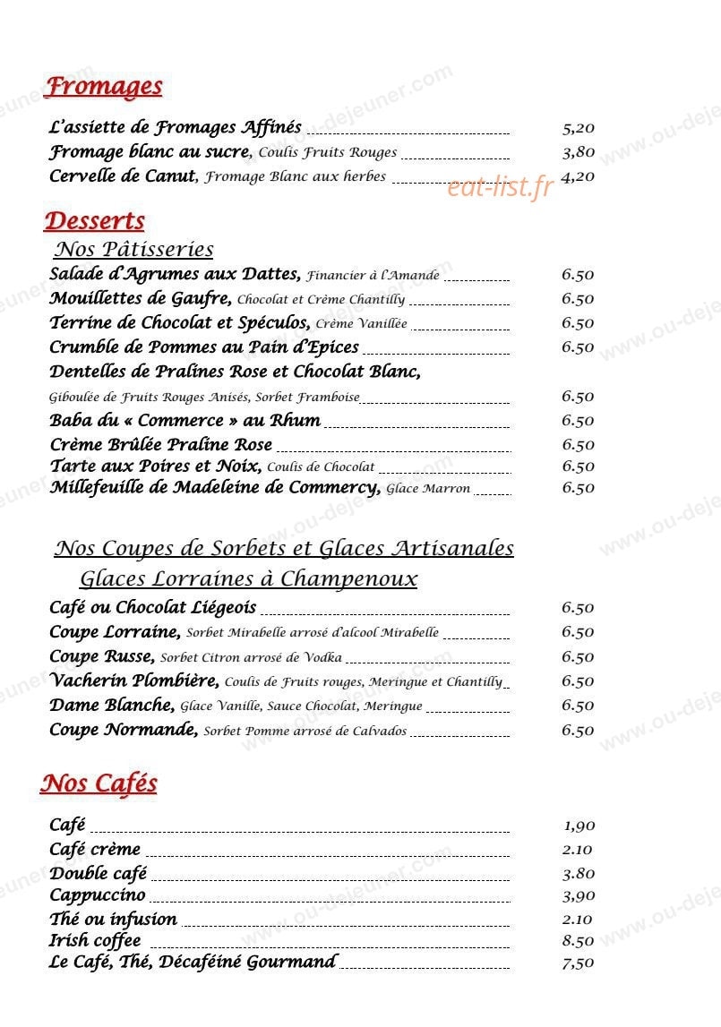 Carte et menu de Grande Brasserie Du Commerce à Dommartin les Toul — Les fromages, desserts et boissons