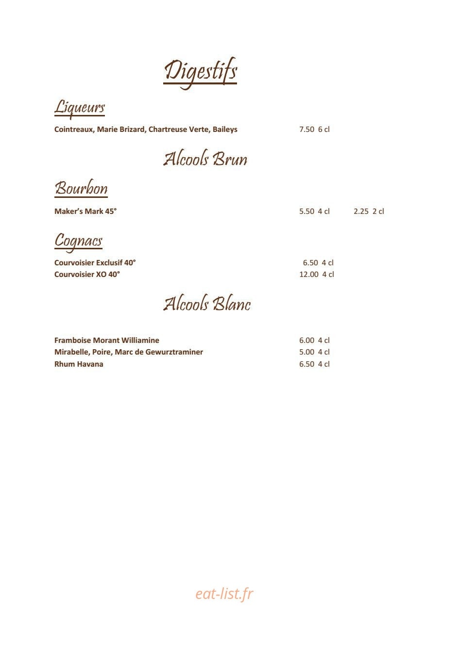 Carte et menu de Grande Brasserie Du Commerce à Dommartin les Toul — Les digestifs