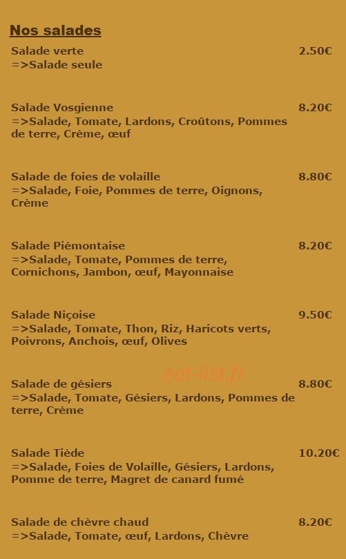 Carte et menu de La Fiesta à Dommartin les Toul — Les salades