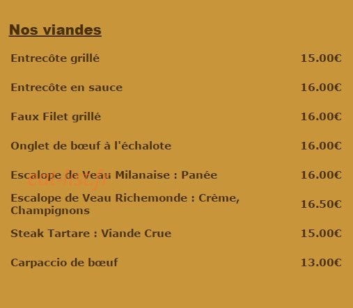 Carte et menu de La Fiesta à Dommartin les Toul — Les viandes