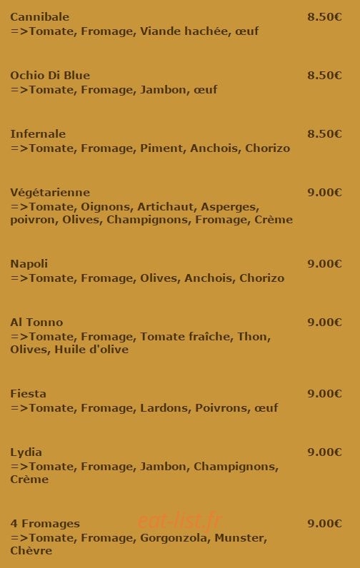 Carte et menu de La Fiesta à Dommartin les Toul — Les pizzas (suite)