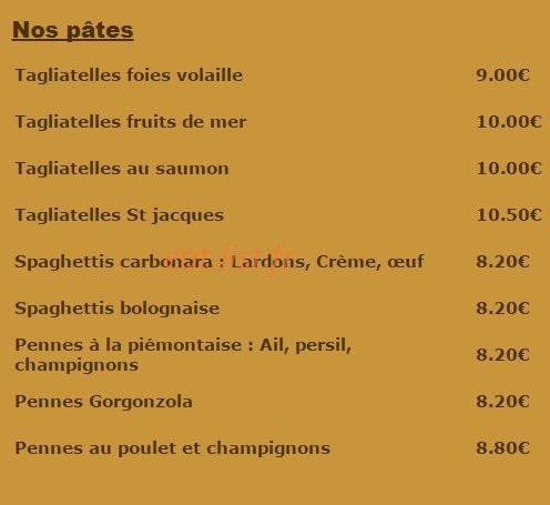 Carte et menu de La Fiesta à Dommartin les Toul — Les pâtes