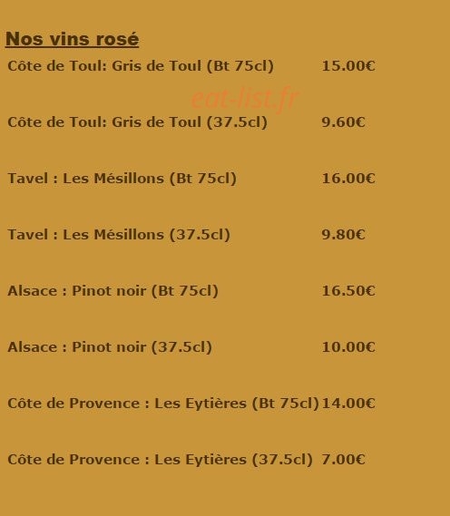 Carte et menu de La Fiesta à Dommartin les Toul — Les vins rosés