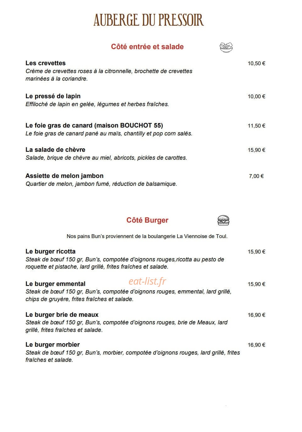 Auberge du Pressoir — carte page 1