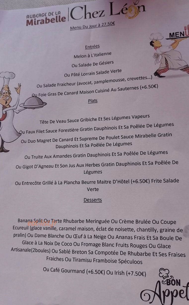 Auberge de la Mirabelle — carte page 1