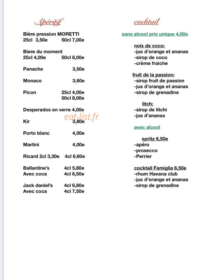 Carte et menu de Pizzeria La Famiglia à Essey les Nancy — Les apéritifs et cocktails
