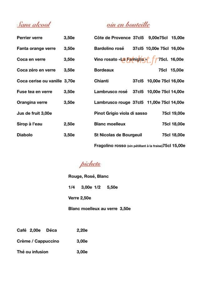 Carte et menu de Pizzeria La Famiglia à Essey les Nancy — Les boissons sans alcool et vins