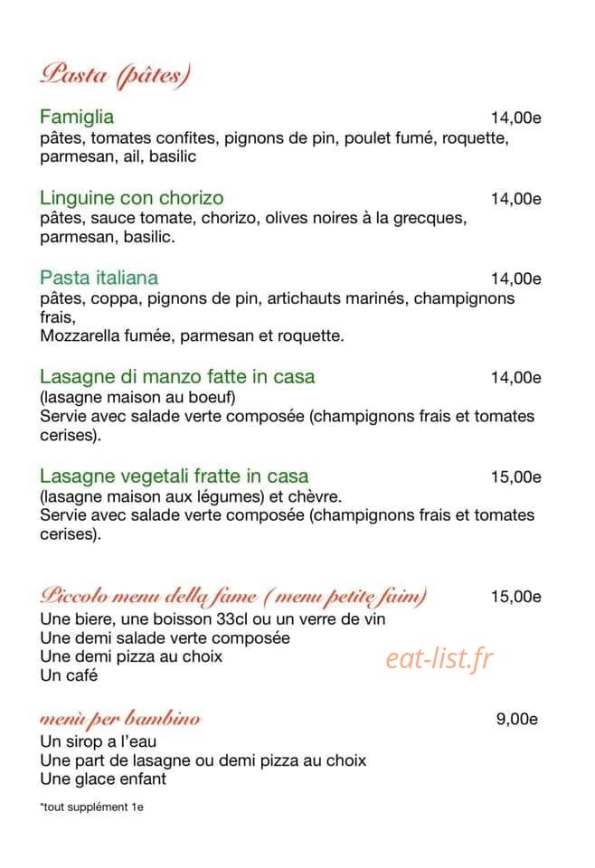 Carte et menu de Pizzeria La Famiglia à Essey les Nancy — Les pates et menus