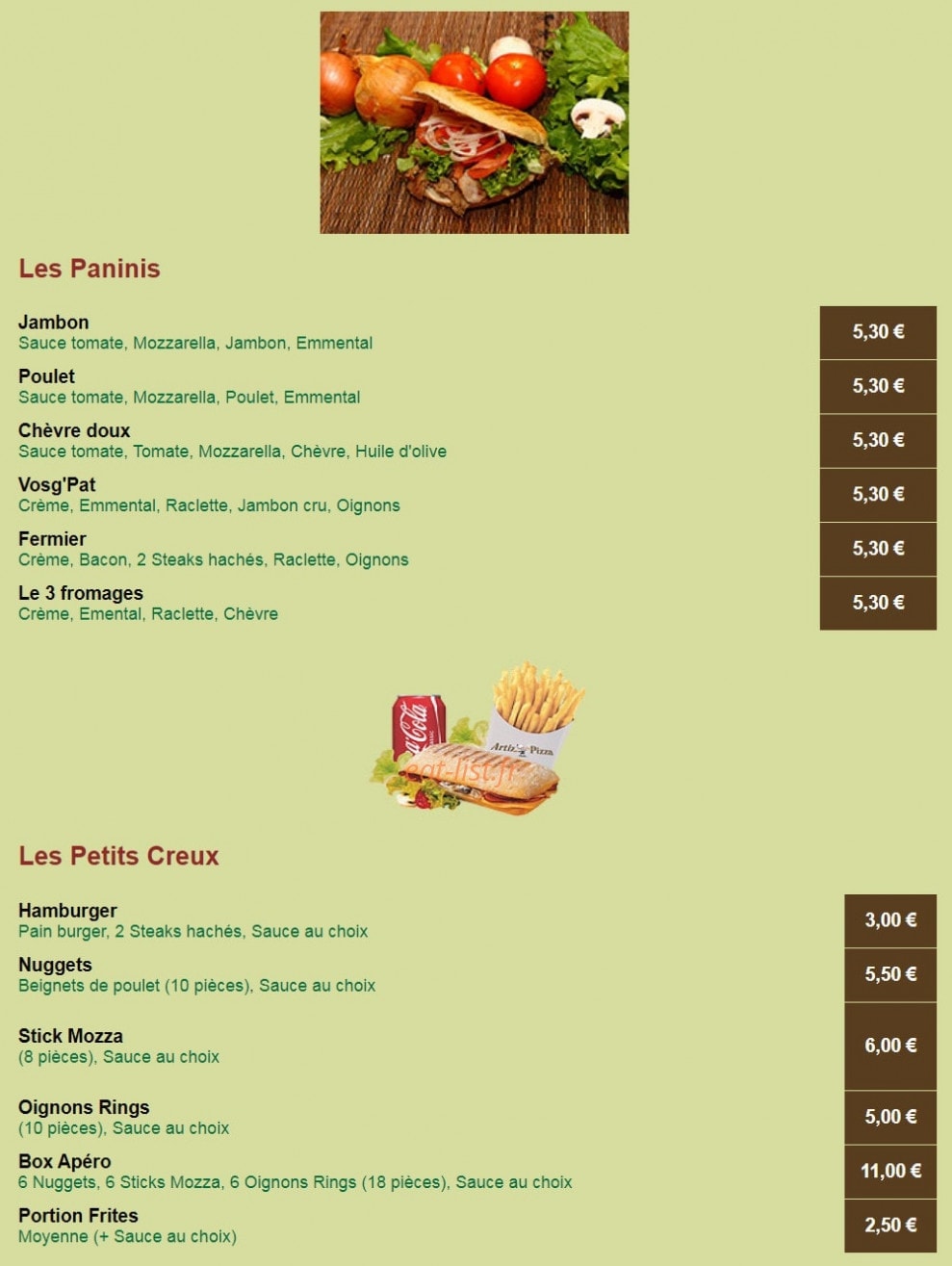 Artiz'Pizza — carte page 5