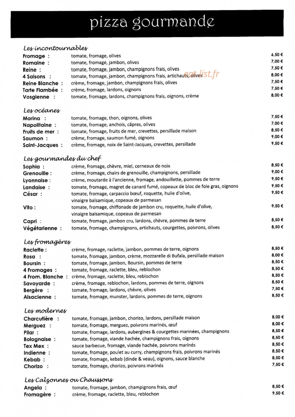 Pizza gourmande — carte page 1