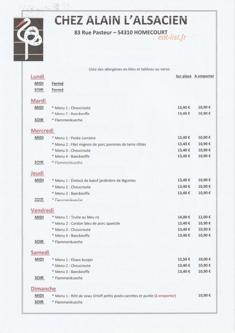 Carte et menu de Chez Alain l'Alsacien à Homecourt — Un exemple de menu du semaine