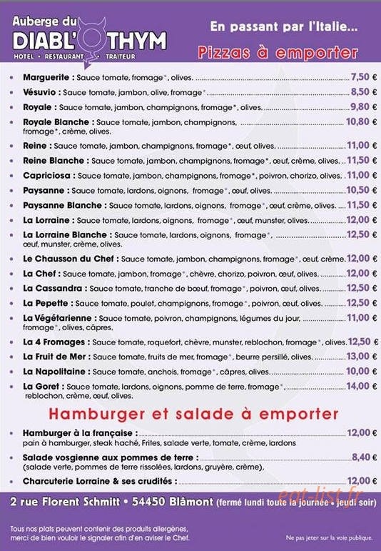 Auberge du diabl'o thym — carte page 1