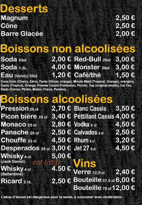Carte et menu de Le Snack Du Loup à Cirey sur Vezouze — Les desserts, boissons et vins