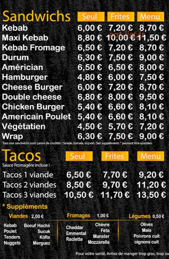 Carte et menu de Le Snack Du Loup à Cirey sur Vezouze — Les sandwichs et tacos