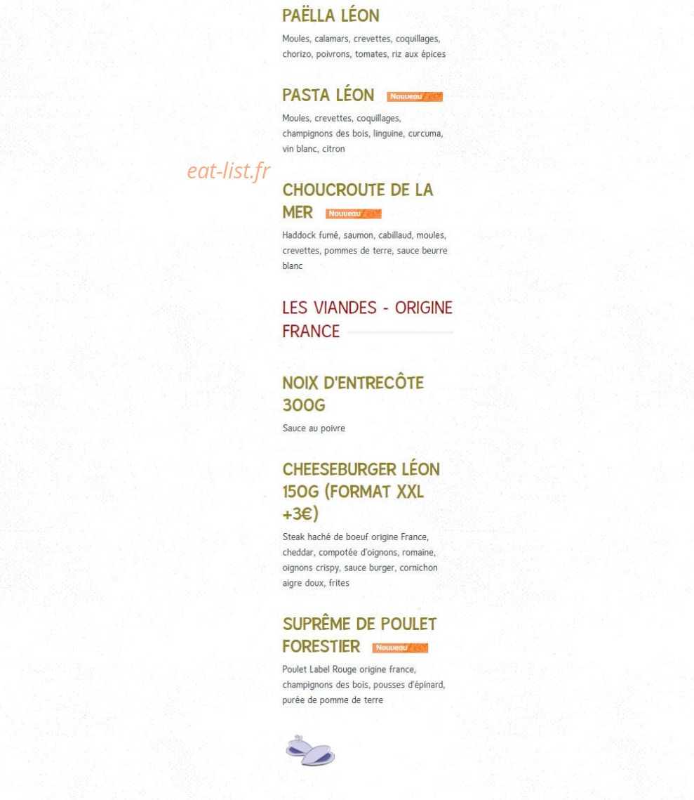 Carte et menu de Léon de Bruxelles à Vandoeuvre les Nancy — Plats suite