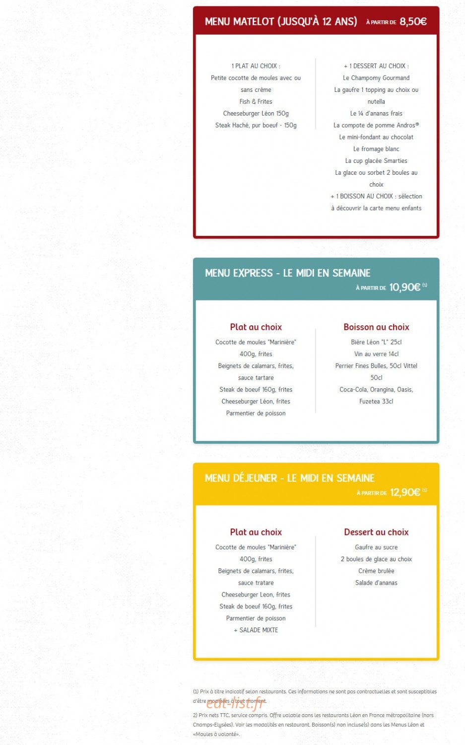 Carte et menu de Léon de Bruxelles à Vandoeuvre les Nancy — Menus suite
